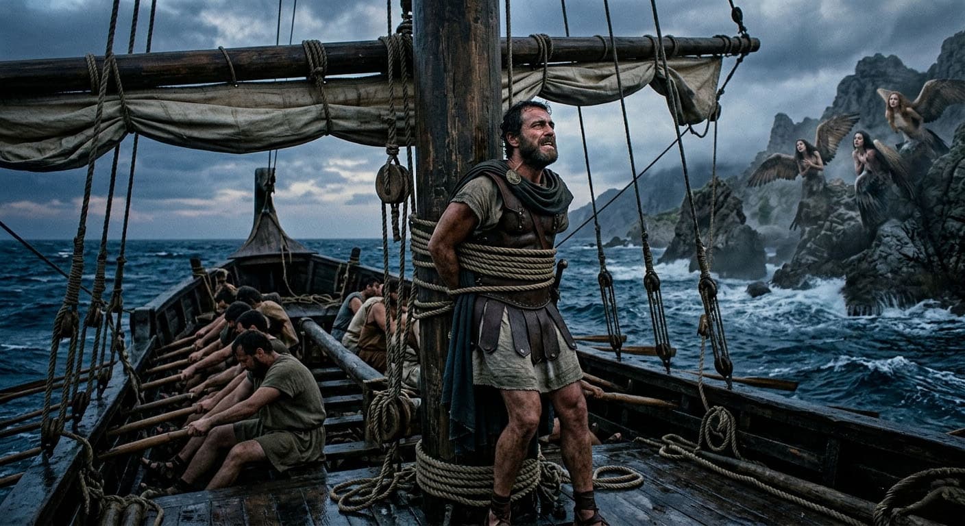 Ulysses tied to the mast, sirens on the rocks